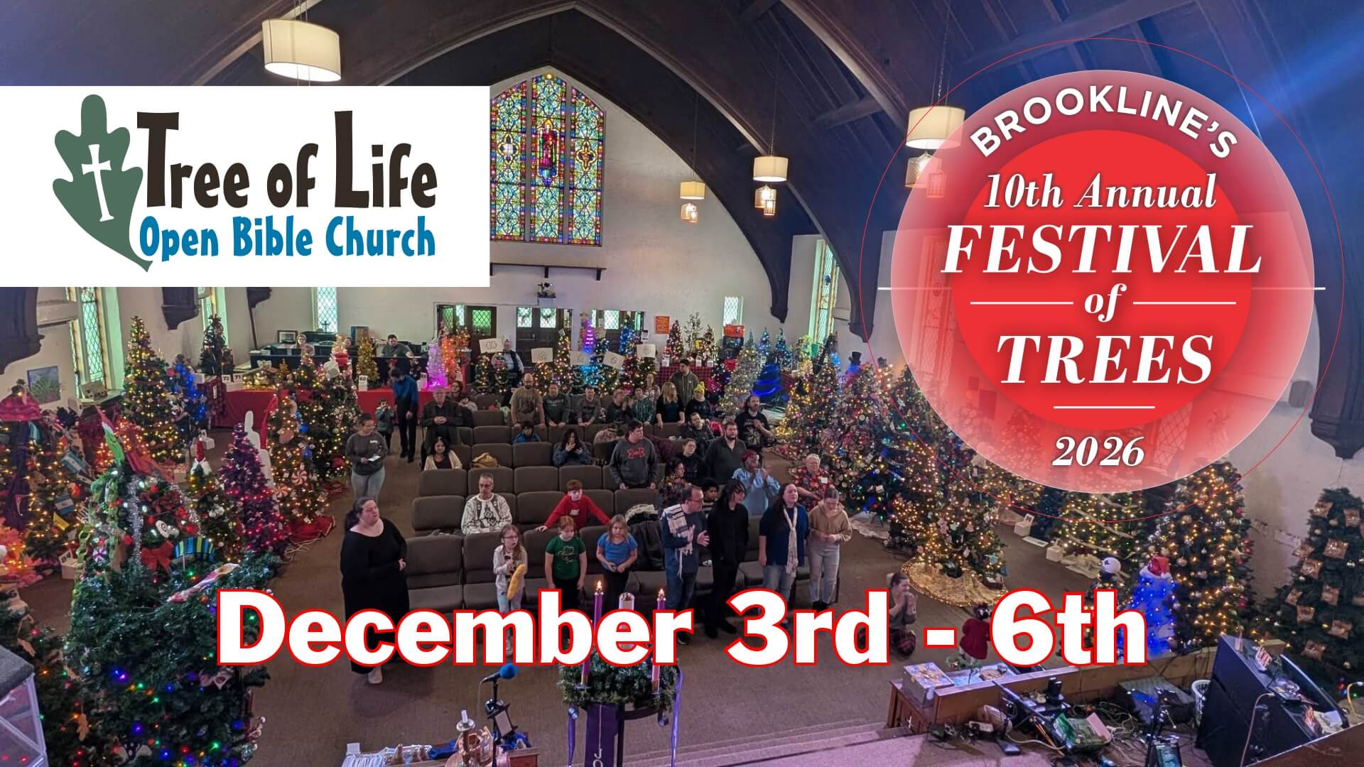 Tree of Life Open Bible Church's 2026 Festival of Trees promotional artwork, showing decorated trees and the December 3–6 dates